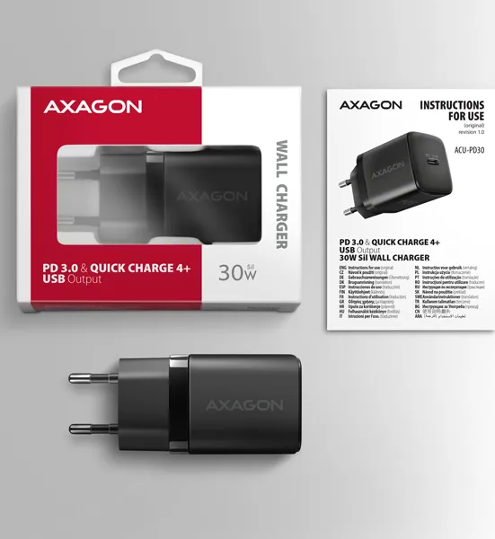 AXAGON ACU-PD30, Sil nabíjačka do siete 30W, 1x port USB-C, PD3.0/PPS/QC4+/SFC/AFC/Apple, čierna