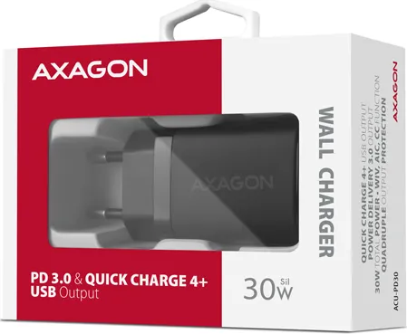 AXAGON ACU-PD30, Sil nabíjačka do siete 30W, 1x port USB-C, PD3.0/PPS/QC4+/SFC/AFC/Apple, čierna