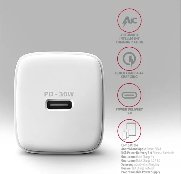 AXAGON ACU-PD30W, Sil nabíjačka do siete 30W, 1x port USB-C, PD3.0/PPS/QC4+/SFC/AFC/Apple, biela