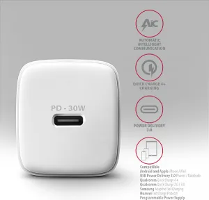 AXAGON ACU-PD30W, Sil nabíjačka do siete 30W, 1x port USB-C, PD3.0/PPS/QC4+/SFC/AFC/Apple, biela
