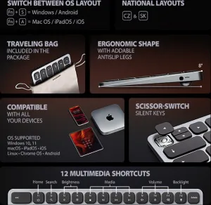 AXAGON HMC-KB-CS, USB 5Gbps hub s CZ/SK klávesnicou, HDMI 4K/60Hz, 3x USB-A, SD/mSD, audio, PD 100W, kábel USB-C 60cm