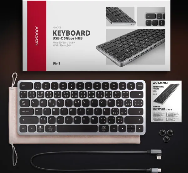 AXAGON HMC-KB-CS, USB 5Gbps hub s CZ/SK klávesnicou, HDMI 4K/60Hz, 3x USB-A, SD/mSD, audio, PD 100W, kábel USB-C 60cm