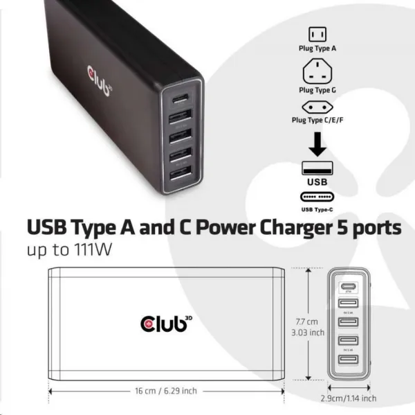 Club 3D Nabíjačka Club3D USB typu A a C, 5 portov, 111 W