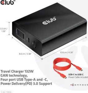 Cestovná nabíjačka Club3D 132W technológia GAN, 4xUSB-A a USB-C, PD 3.0 Podpora