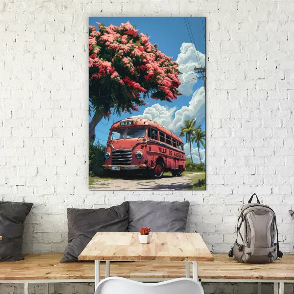 Retro drevený obraz - Autobus