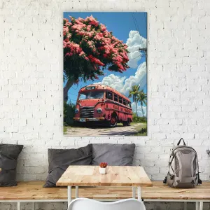 Retro drevený obraz - Autobus