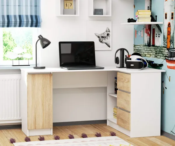 Ak furniture Rohový písací stôl B20 155 cm bílý/dub sonoma pravý