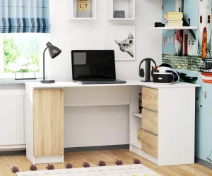 Ak furniture Rohový písací stôl B20 155 cm bílý/dub sonoma pravý