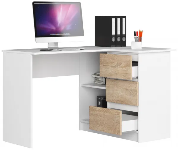 Ak furniture Rohový písací stôl B16 124 cm biely/dub sonoma pravý