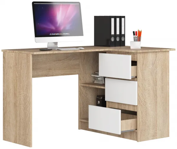 Ak furniture Rohový písací stôl B16 124 cm dub sonoma/biely pravý