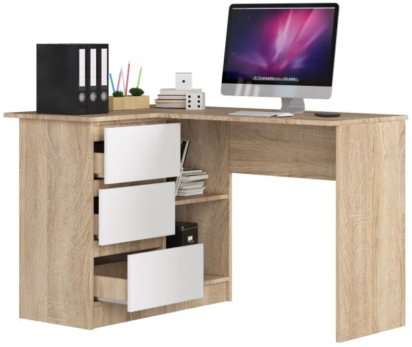 Ak furniture Rohový písací stôl B16 124 cm dub sonoma/biely ľavý