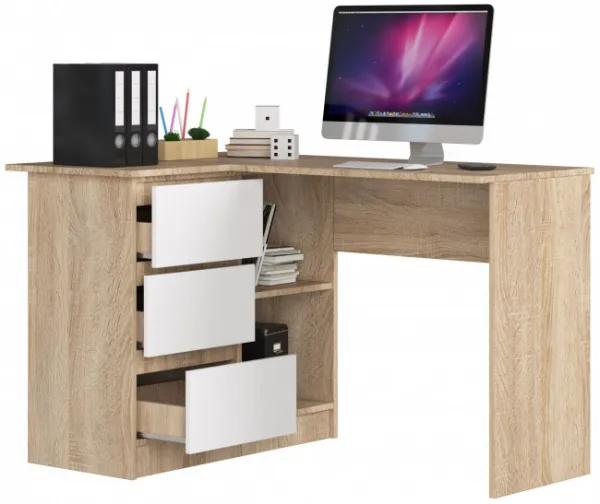 Ak furniture Rohový písací stôl B16 124 cm dub sonoma/biely ľavý
