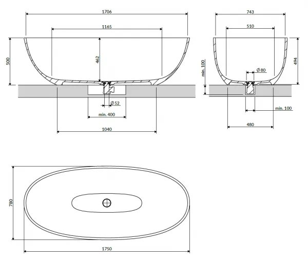OMNIRES - SHELL M+ voľne stojaca vaňa, 175 x 78 cm, biela mat SHELL175WWBM