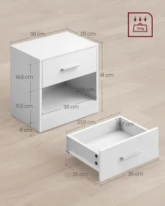 Moderný biely nočný stolík so zásuvkou a policou, 39x28x41