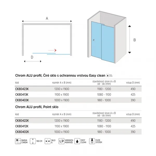 MEREO - Sprchové dvere, LIMA, dvojdilene, zasúvacie,  120 cm, chróm ALU, sklo Číre CK80423K