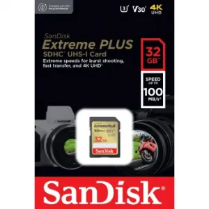 SanDisk Extreme PLUS 32 GB SDHC Memory Card 100 MB/s and 60 MB/s, UHS-I, Class 10, U3, V30 85235110