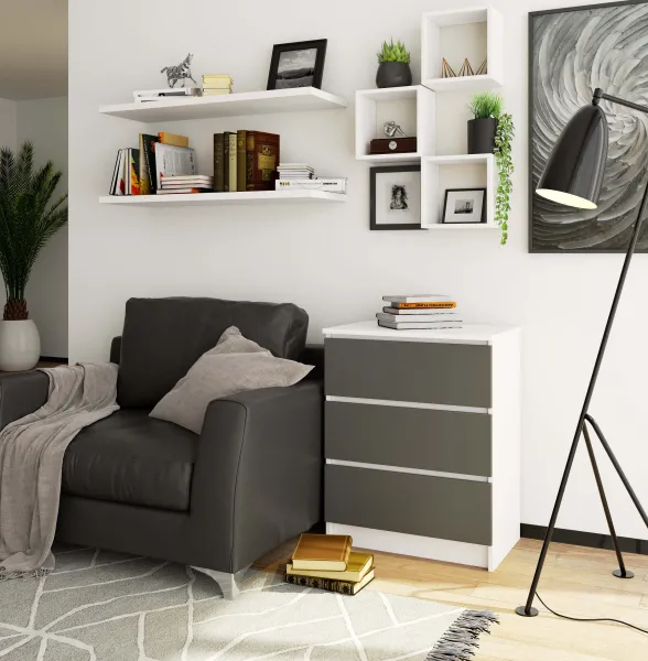 Ak furniture Komoda Kuba 60 cm - 3 zásuvky biela/grafitová