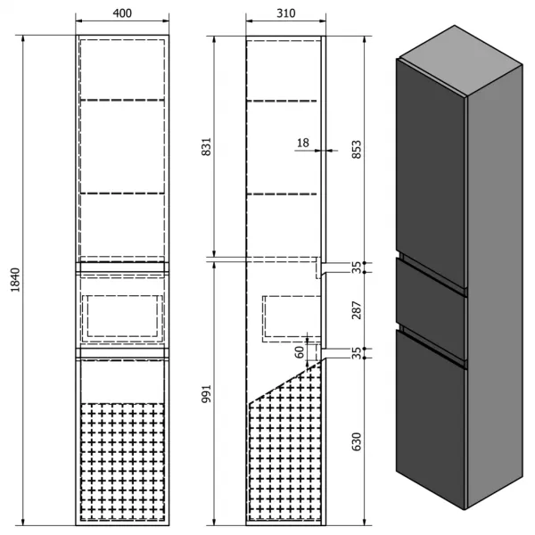 ALTAIR vysoká skříňka s košem 40x184x31cm, bílá AI185R
