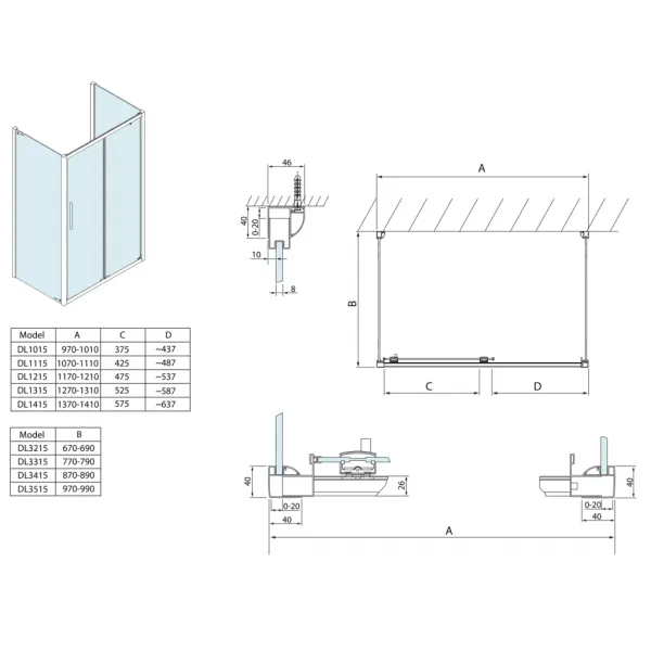 Lucis Line třístěnný sprchový kout 1000x800x800mm L/P varianta DL1015DL3315DL3315