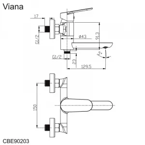MEREO - Vaňová nástenná batéria so sklopným ramienkom, Viana, bez príslušenstva, 150 mm, chróm CBE90203