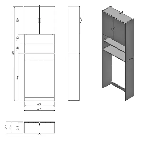 SIMPLEX ECO skrinka za práčku 63x25x190cm, biela SIME715