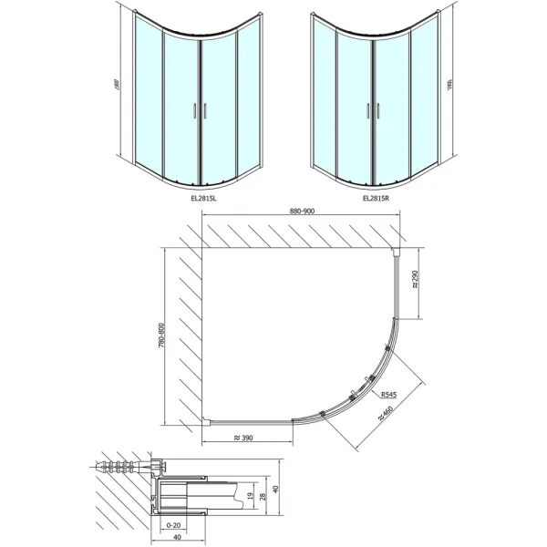 POLYSAN - EASY štvrťkruhová sprchová zástena 900x800, L/R, čire sklo EL2815