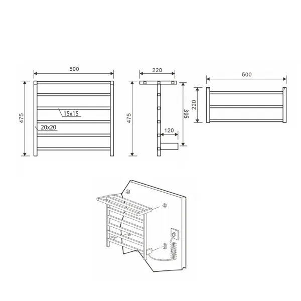 SAPHO - ELZOR elektrický sušiak uterákov 500x470 60 W, čierna mat EB510