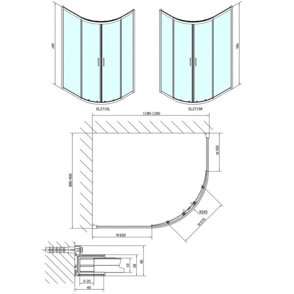 EASY LINE štvrťkruhová sprchová zástena 1200x900mm, číre sklo EL2715
