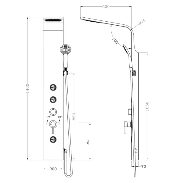 TUSA sprchový panel, výška 1400mm, hliník SL680