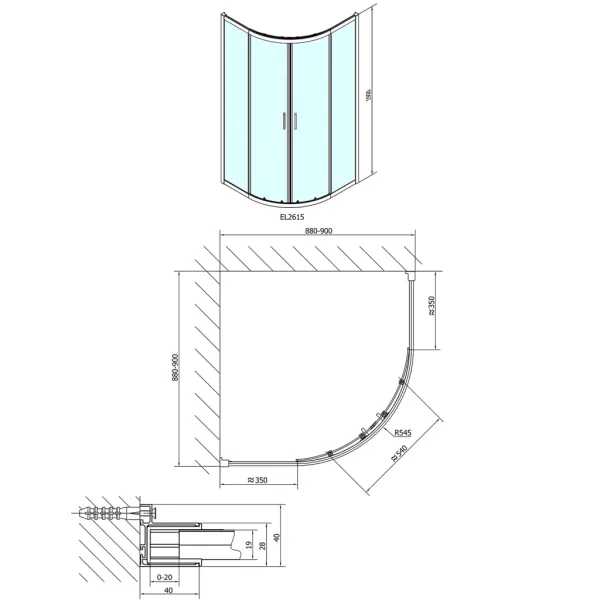 EASY LINE štvrťkruhová sprchová zástena 900x900mm, číre sklo EL2615