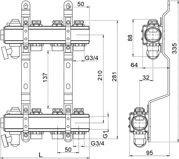 NOVASERVIS - ROZDEĽOVAČ s regulačnými a mechanickými ventilmi 5 okruhov RO05S