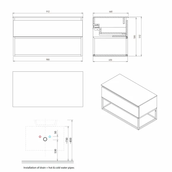 SAPHO - SKARA umývadlová skrinka 90x50x45cm, čierna mat/dub alabama CG006-2222
