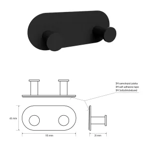 Samolepiaci dvojitý háčik X-ROUND, čierny matný XR220B