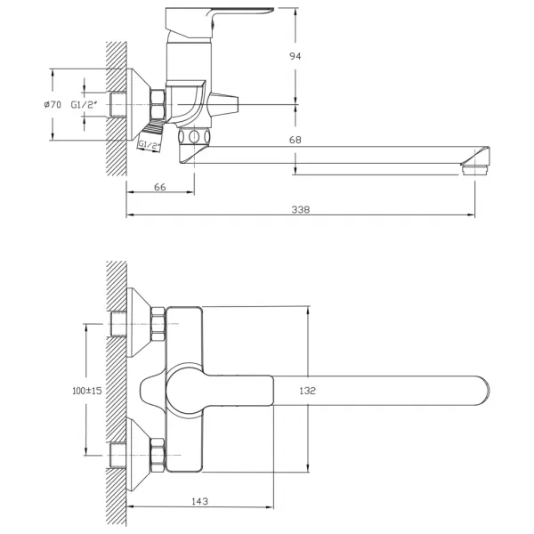 BARON nástenná umývadlová / vaňová batéria, rozteč 100mm, hubica 338 mm, chróm 612.035.1