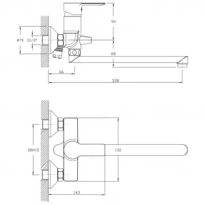 BARON nástenná umývadlová / vaňová batéria, rozteč 100mm, hubica 338 mm, chróm 612.035.1