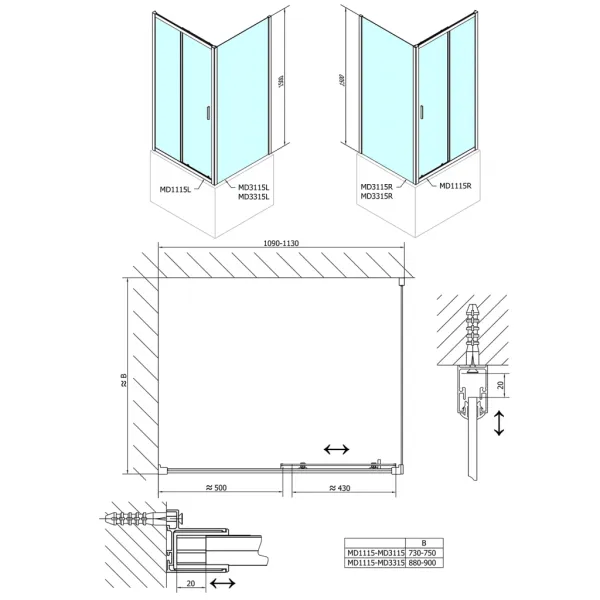 DEEP bočná stena 900x1500 cm, číre sklo MD3315