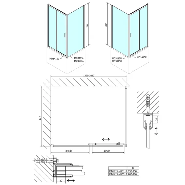 DEEP bočná stena 900x1500 cm, číre sklo MD3315