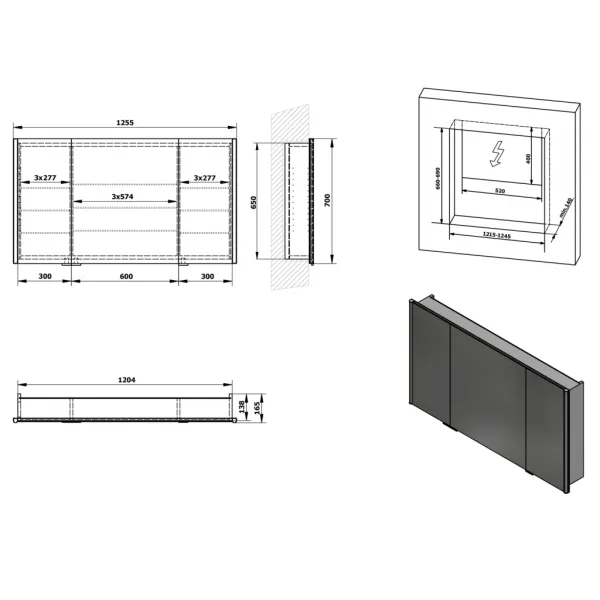 SAPHO - INTEGRA zápustná galérka s LED osvetlením, 125x70cm IN125