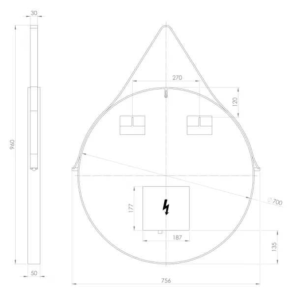 ORBITER kulaté LED podsvícené zrcadlo s koženým páskem, ø 70cm, černá mat ORL070