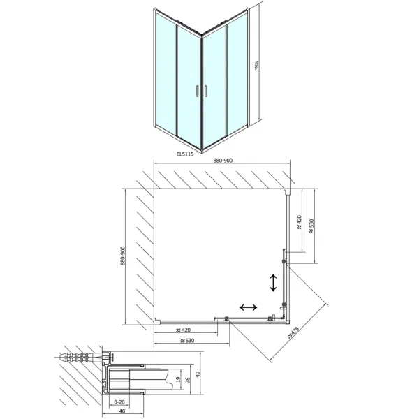EASY LINE štvorcová sprchová zástena 900x900mm, číre sklo EL5115