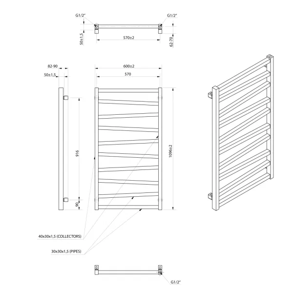 SAPHO - ZIG vykurovacie teleso 600x1096 čierna mat ZG611B