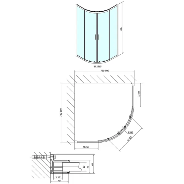 EASY LINE štvrťkruhová sprchová zástena 800x800mm, číre sklo EL2515