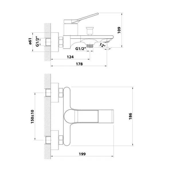 Vaňová nástenná batéria BOLERO, rozteč 150 mm, chróm BC010