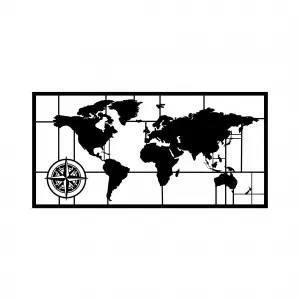 Hanah Home Nástenná kovová dekorácia Mapa sveta kompas II 121x60 cm čierna