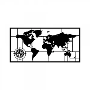 Hanah Home Nástenná kovová dekorácia Mapa sveta kompas II 121x60 cm čierna