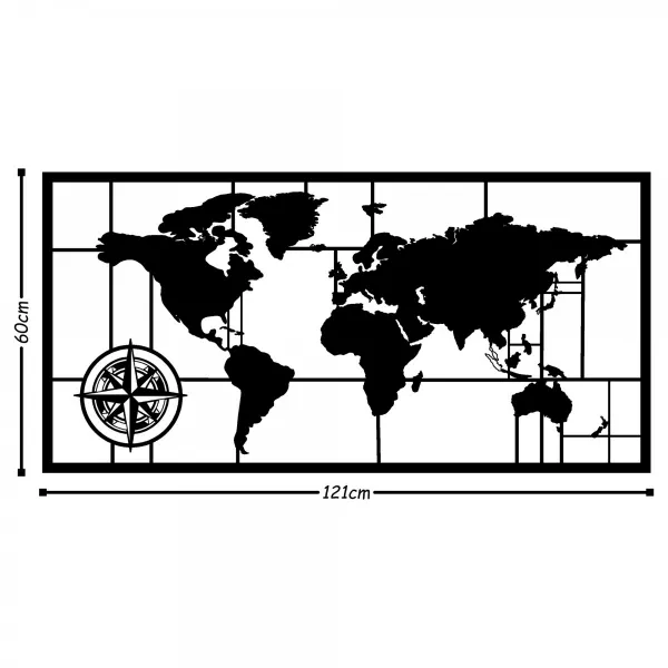 Hanah Home Nástenná kovová dekorácia Mapa sveta kompas II 121x60 cm čierna