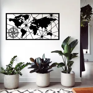 Hanah Home Nástenná kovová dekorácia Mapa sveta kompas 100x50 cm čierna