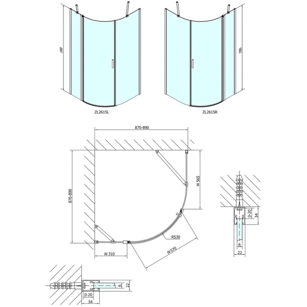 POLYSAN - ZOOM štvrťkruhová sprchová zástena 900x900, číre sklo, pravá ZL2615R