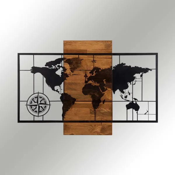 Dekoratívny drevený doplnok na stenu World Map Wıth Compass