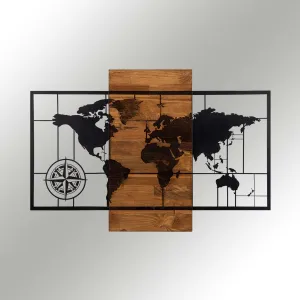 Dekoratívny drevený doplnok na stenu World Map Wıth Compass